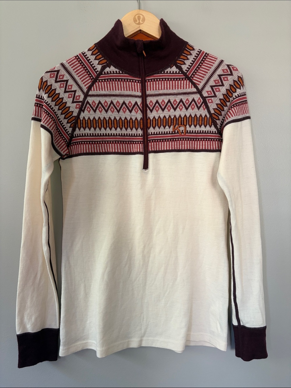 Kari Traa Lokke Half Zip Base Layer Top Nordic Medium Fair Isle Cream Maroon